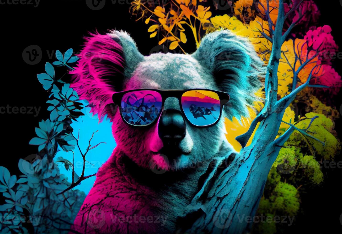 une grand koala portant des lunettes de soleil séance sur Haut de une arbre, le néofauvisme, coloré. ai généré photo