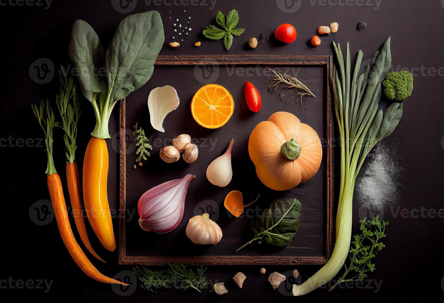 Frais délicieux Ingrédients de biologique nourriture pour en bonne santé cuisine , Frais agriculteur des légumes sur une noir tableau noir Contexte. ai généré photo