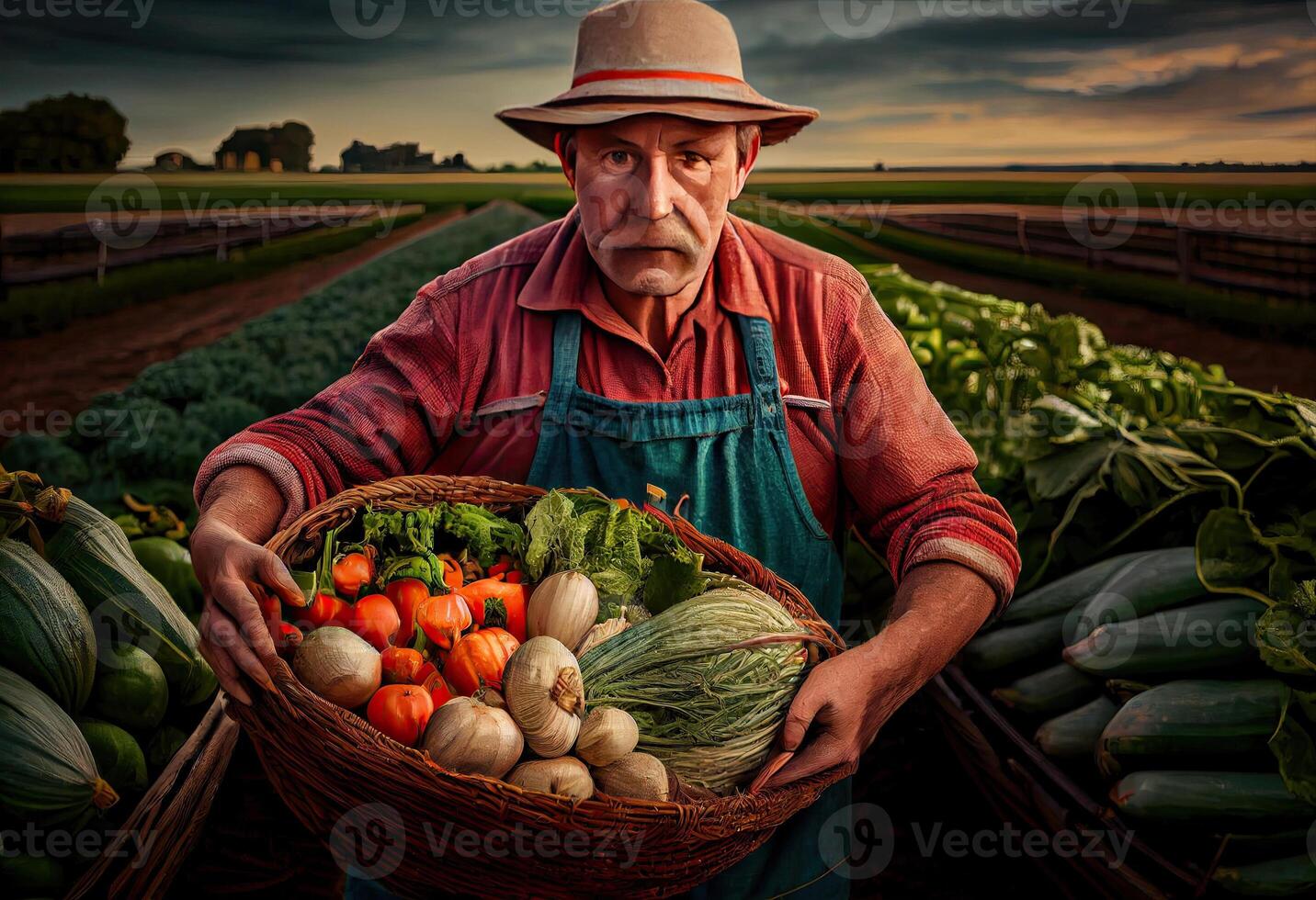 agriculteur détient une panier de récolté des légumes contre le Contexte de une cultiver. récolte. ai généré. photo