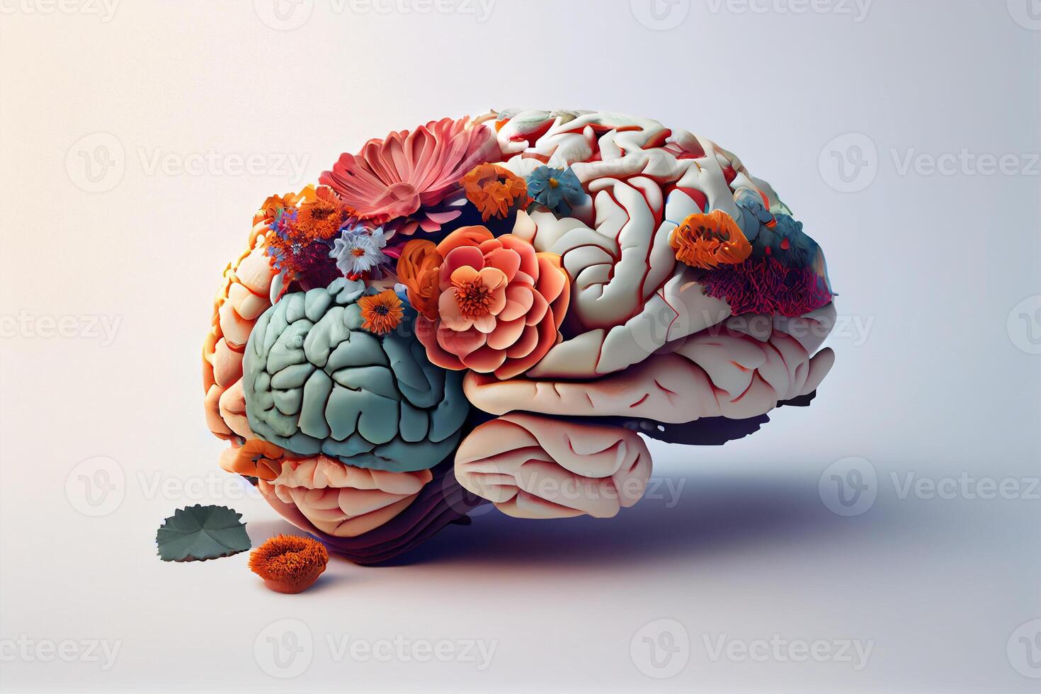 Humain cerveau avec fleurs, soi se soucier et mental santé concept, positif attitude , Créatif esprit. ai généré photo