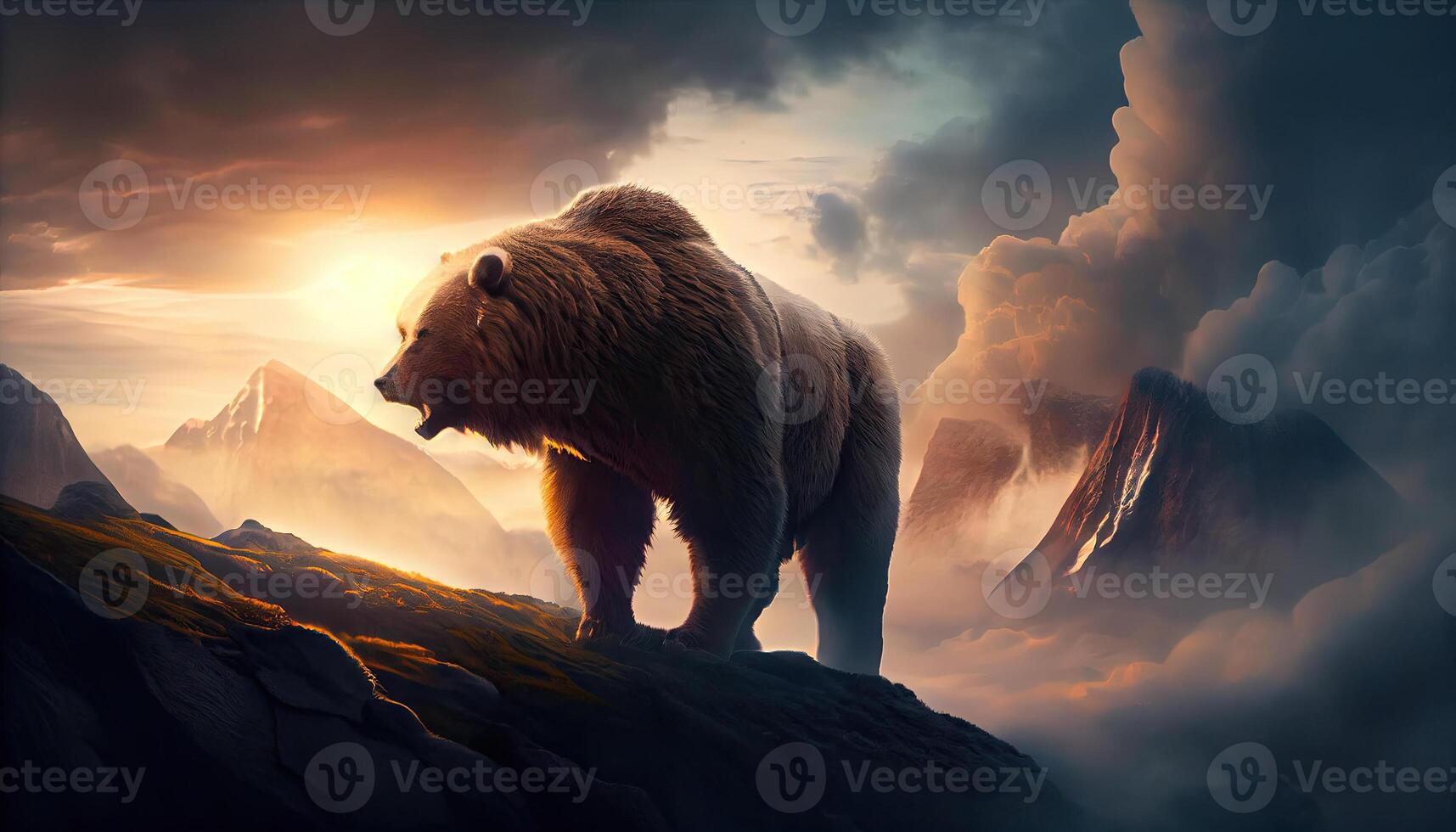 gros féroce ours sur Haut de une Montagne à le coucher du soleil. ai généré. photo