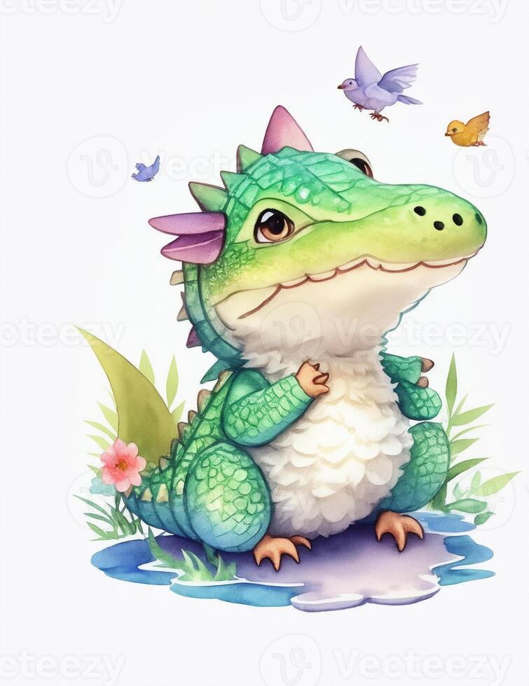 une mignonne illustration de une bébé ancien aquarelle crocodile. ai généré photo