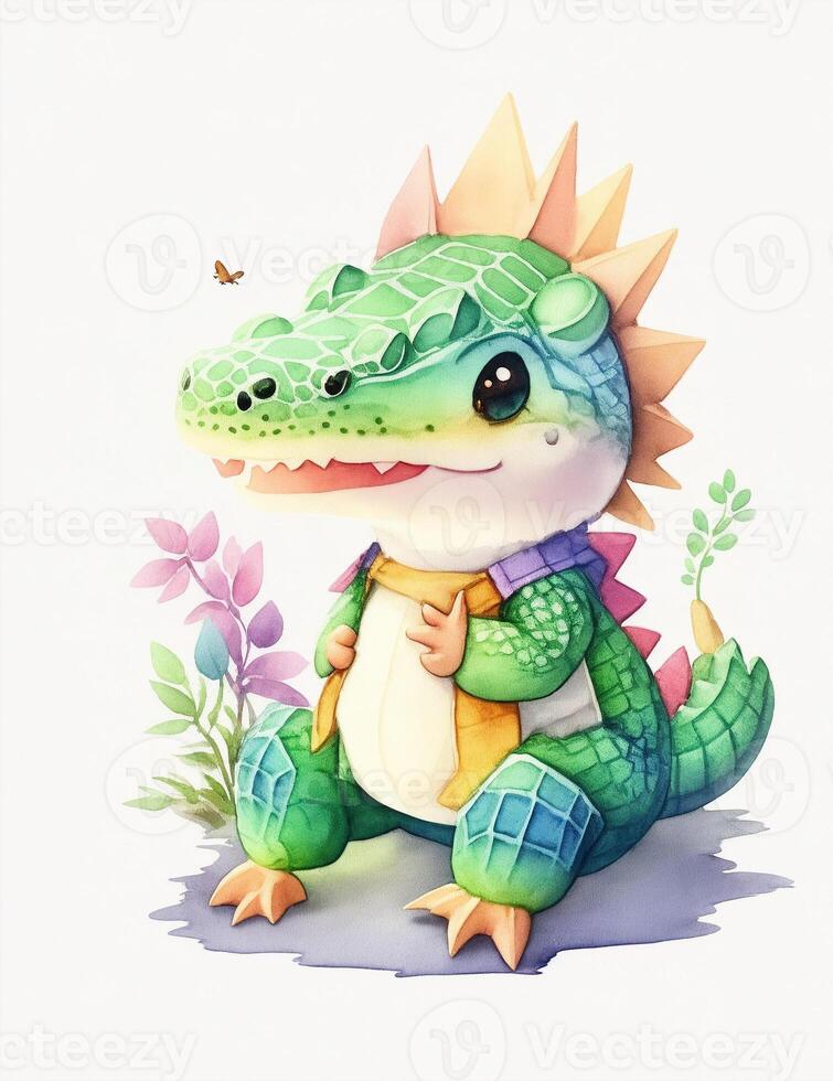 une mignonne illustration de une bébé ancien aquarelle crocodile. ai généré photo
