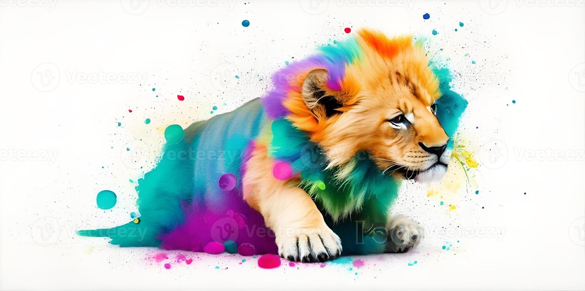 Lion en jouant dans coloré l'eau Couleur , sale avec Couleur éclaboussure ai généré. photo