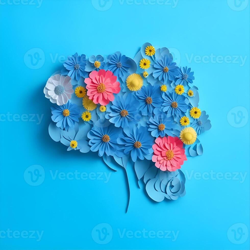 fleurs grandir de le Humain cerveau sur une bleu Contexte papier art. ai généré. photo