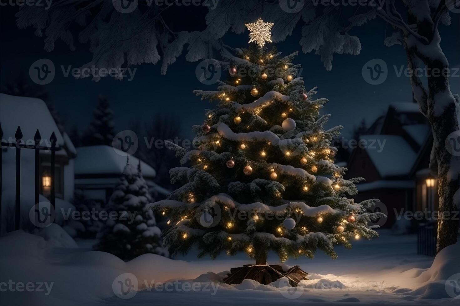 décoré Noël arbre Extérieur à nuit. ai généré photo