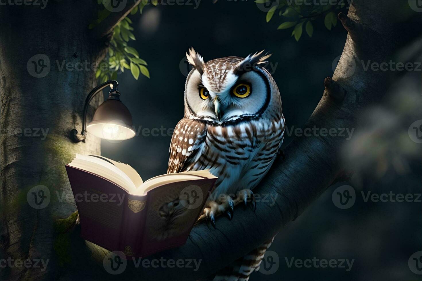 hibou en train de lire livre. apprentissage et connaissance concept. ai généré photo