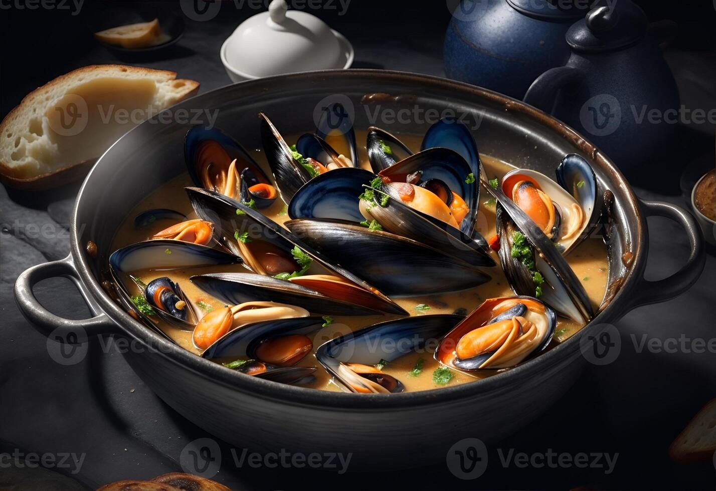 Haut vue de une casserole de traditionnel français moules. ai généré photo