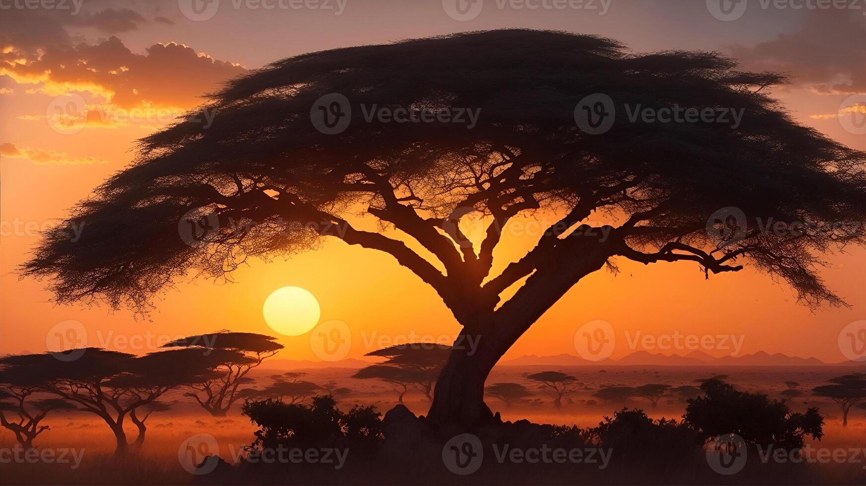 silhouette de acacia arbre dans africain le coucher du soleil. ai généré photo