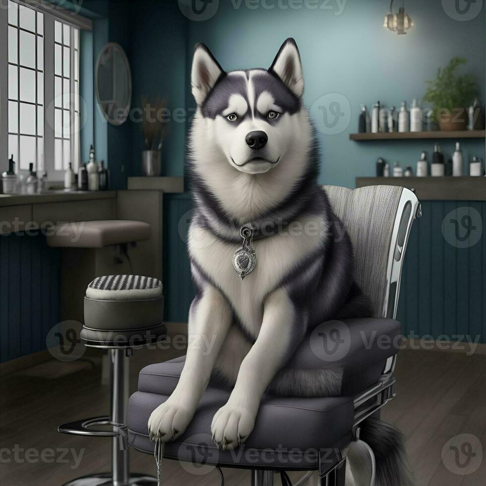 habillé rauque chien séance dans une chaise dans une salon de coiffure. ai généré photo
