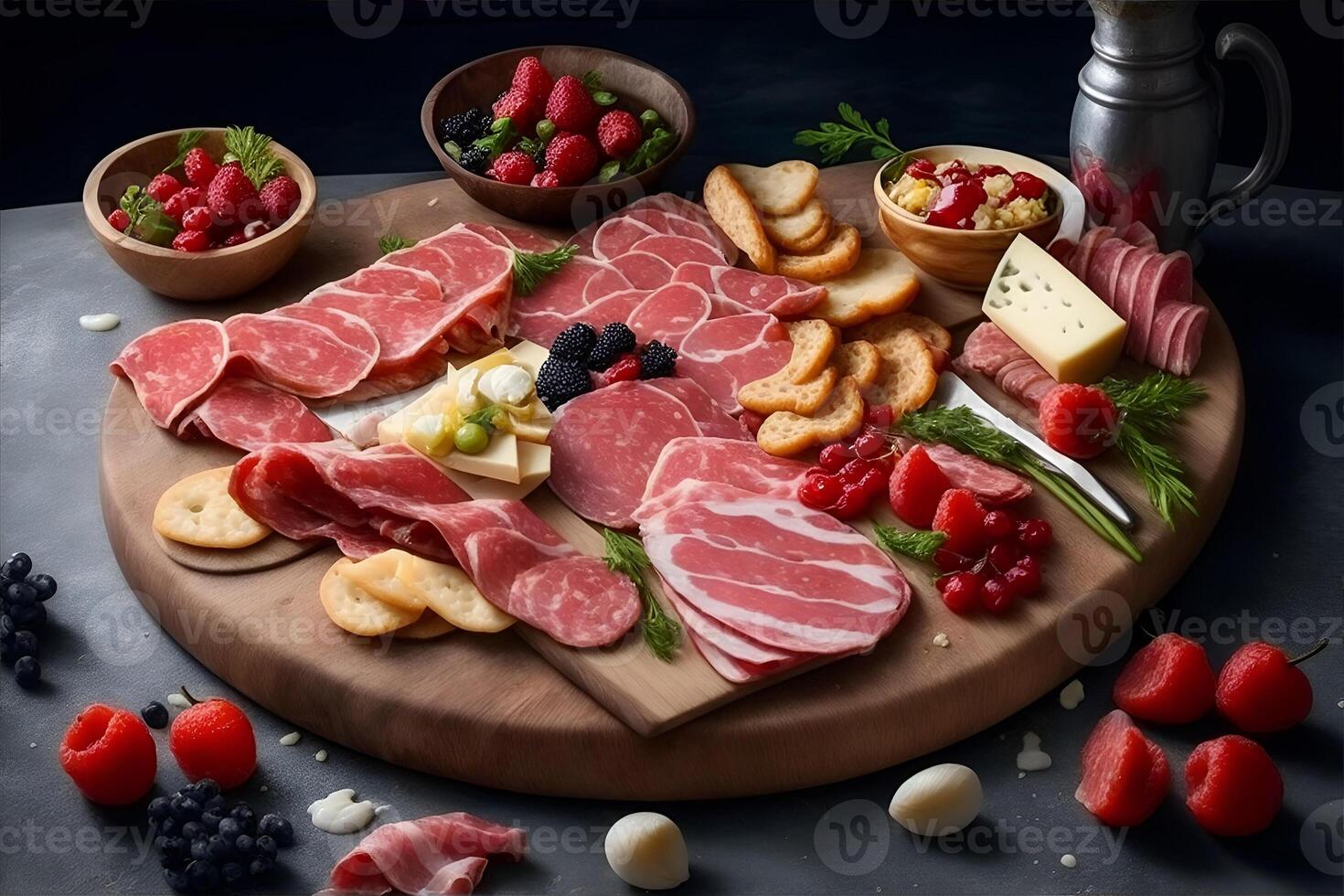 charcuterie planche avec Espagnol jamon porc saucisse. ai généré photo