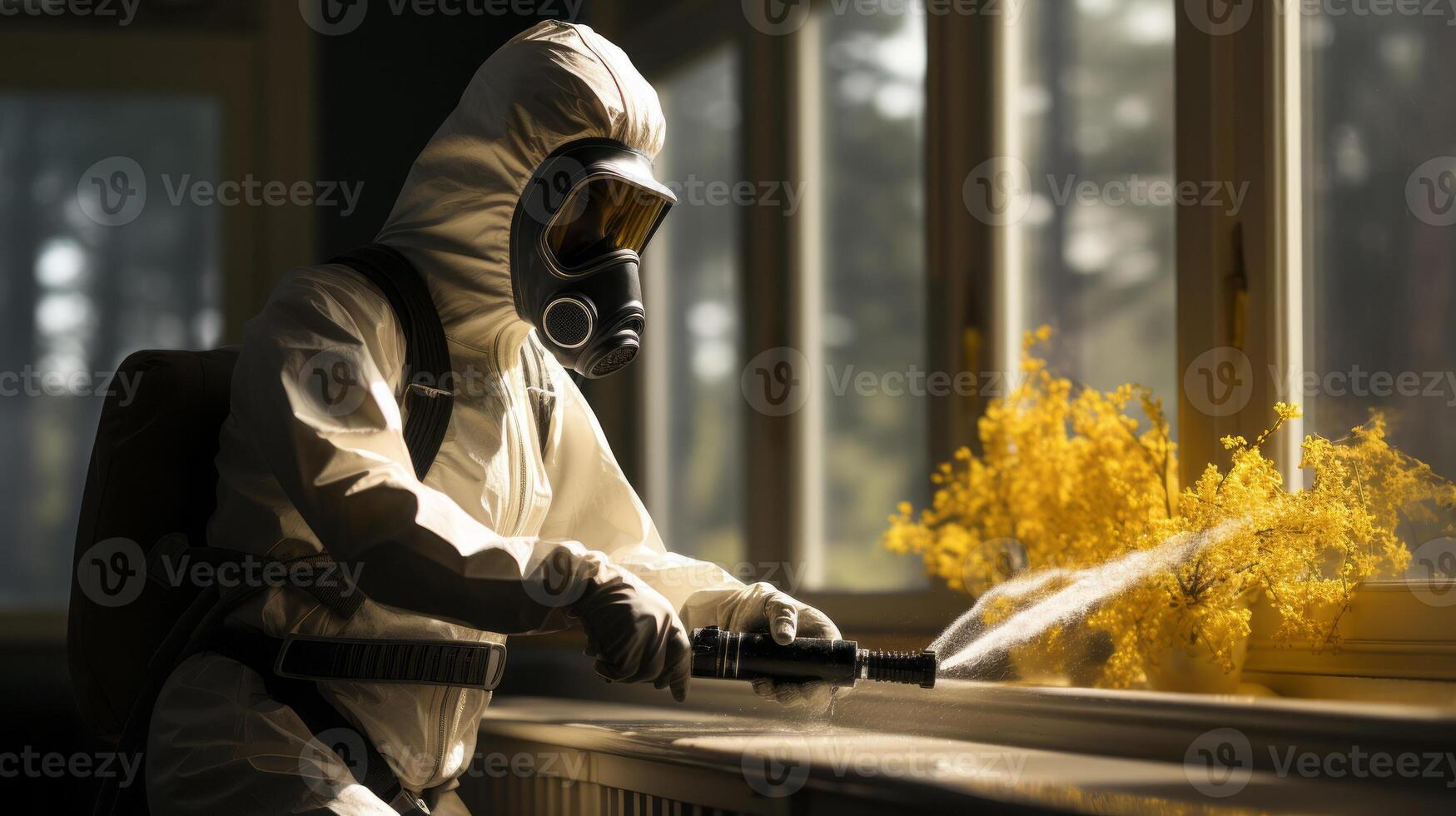 un employé pulvérisation une maison en utilisant une gaz alimenté pesticide, dans le style de monochrome intérieurs, lumière Jaune. ai généré photo