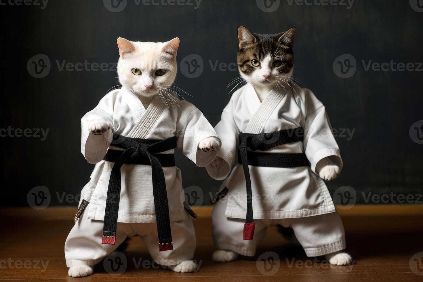 deux chats portant kimono pour martial les arts à entraînement. génératif ai photo