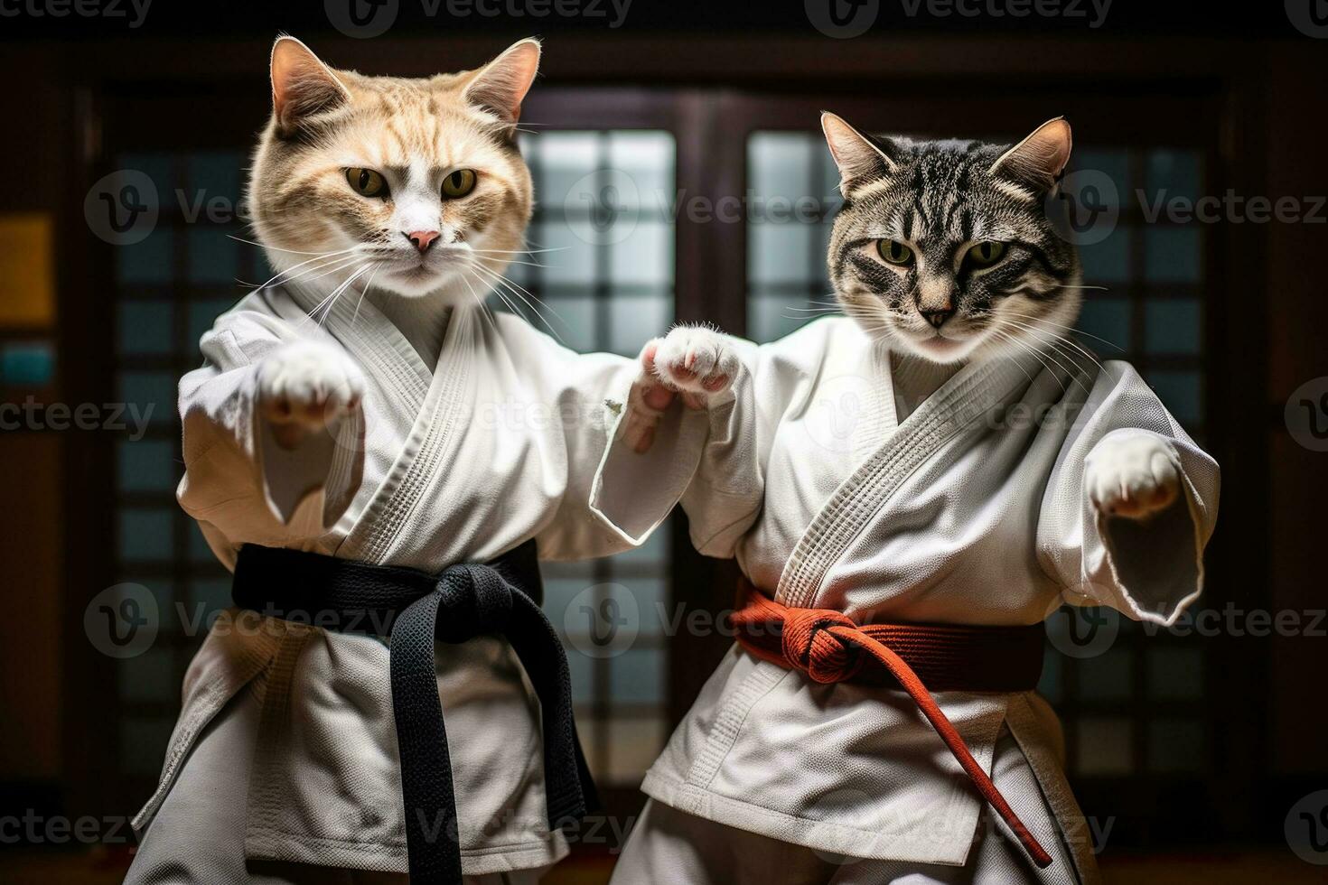 deux chats portant kimono pour martial les arts à entraînement. génératif ai photo