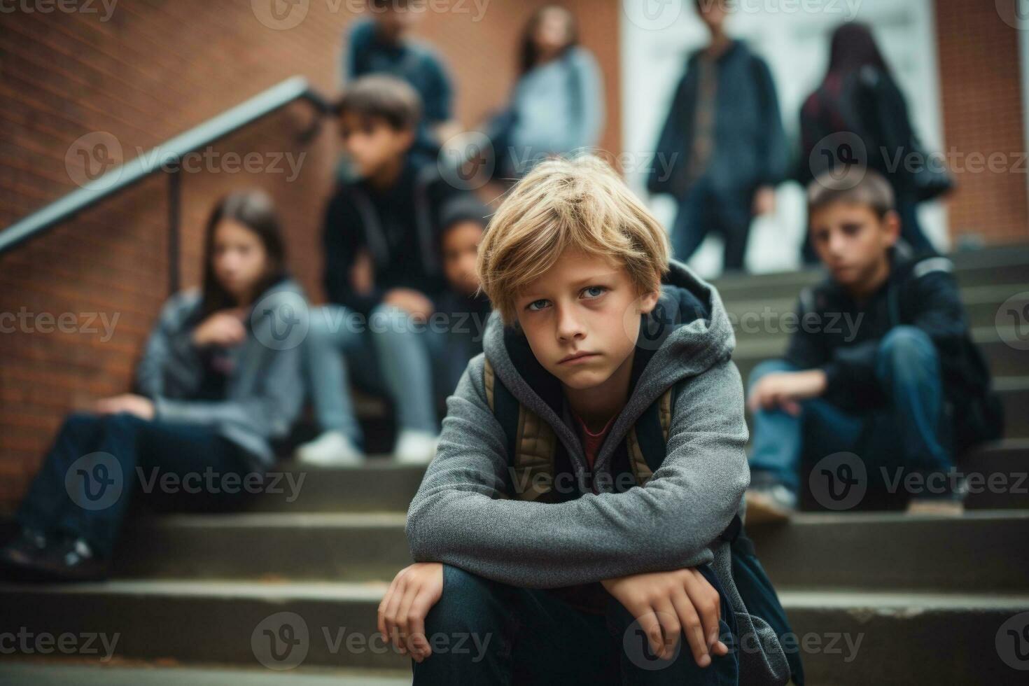 école garçon séance seul à escaliers. victime de école intimidation. génératif ai photo