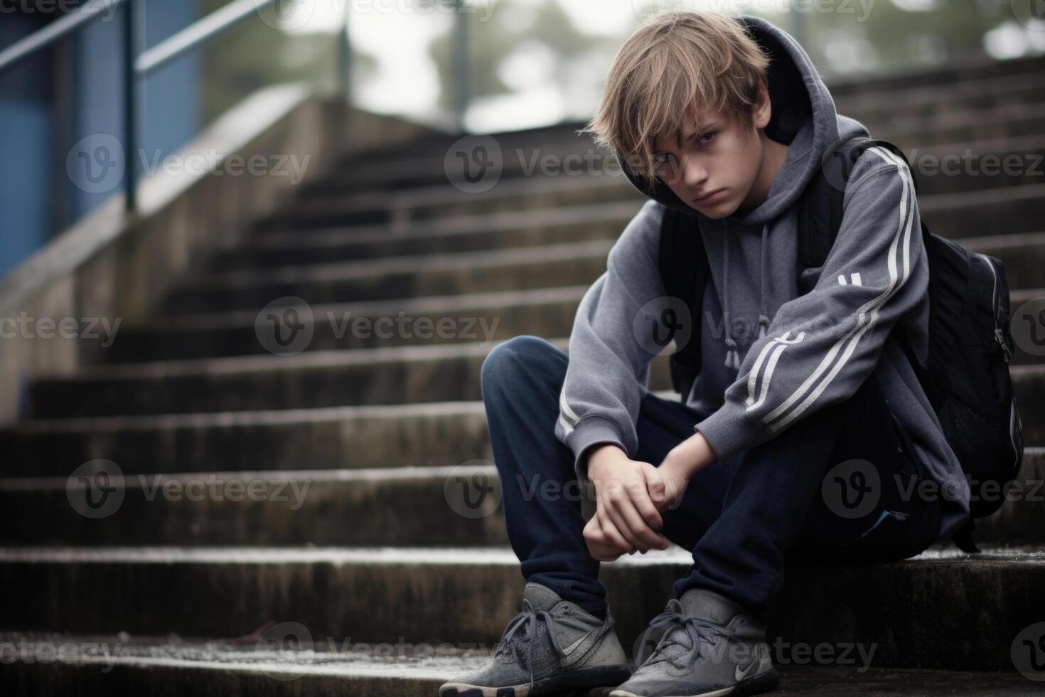 école garçon séance seul à escaliers. victime de école intimidation. génératif ai photo