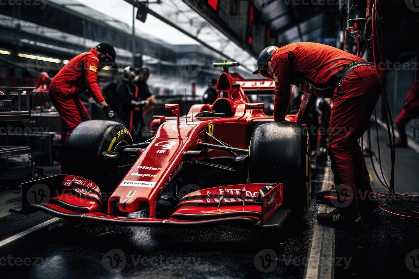 formule un courses voiture dans garage. génératif ai photo