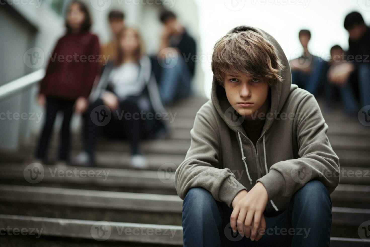 école garçon séance seul à escaliers. victime de école intimidation. génératif ai photo