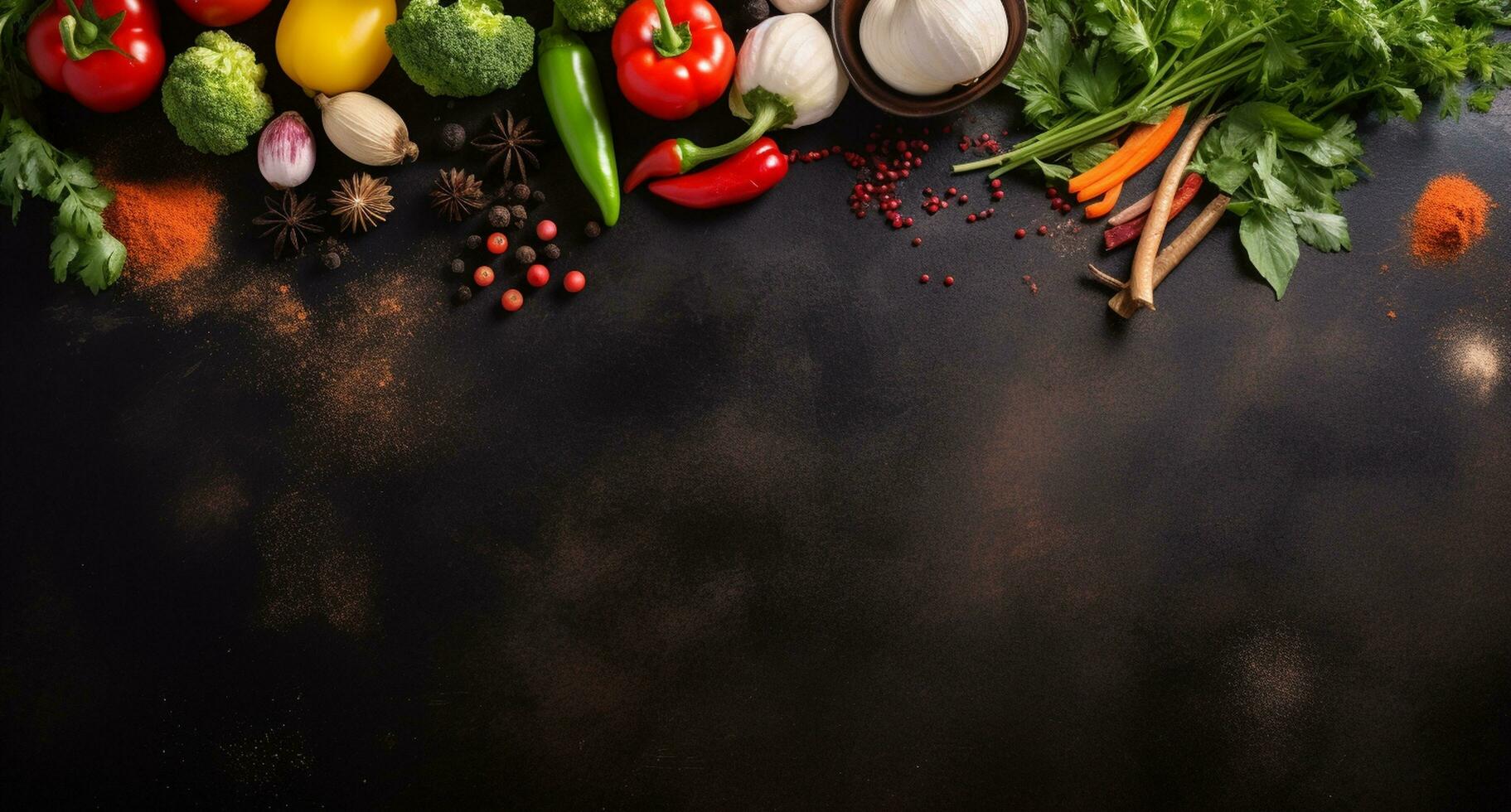 des légumes ensemble et épices pour cuisine sur foncé Contexte. ai généré photo