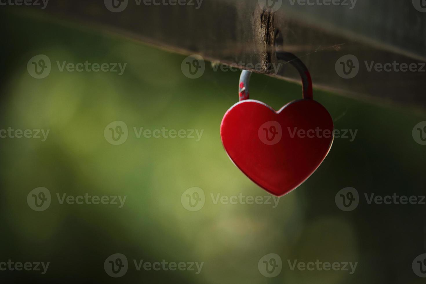 petit cadenas coeur rouge accroché à une main courante de pont photo