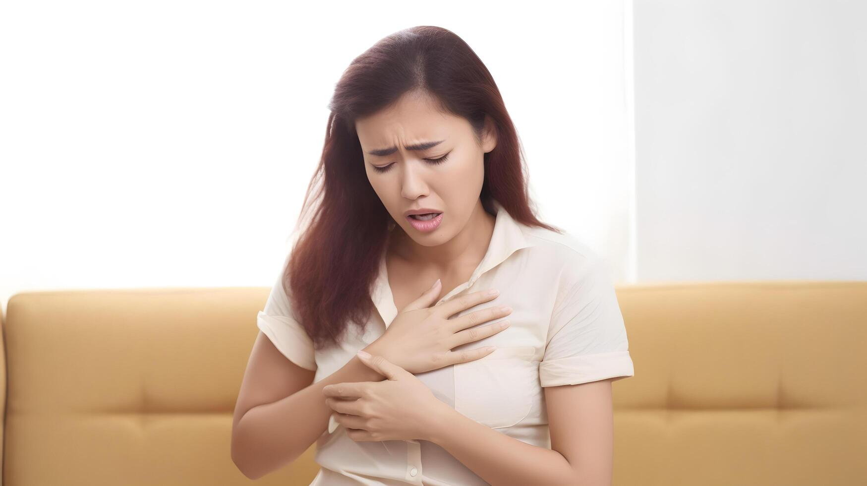 asiatique femme avec poitrine douleur. cœur attaque patient. ai généré photo