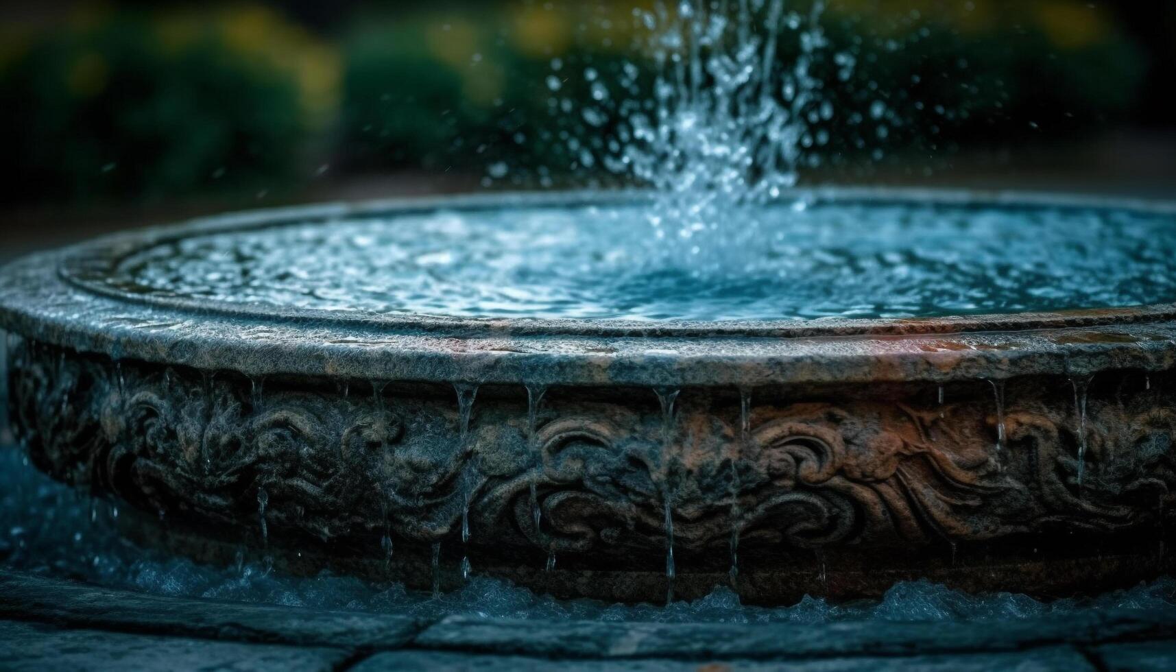 rafraîchissant goutte de pluie éclabousser dans une métal Fontaine généré par ai photo