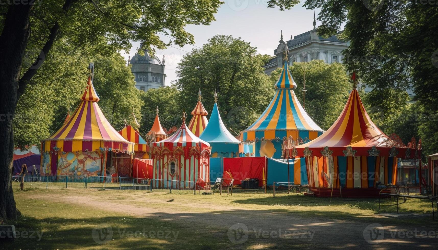 multi coloré carnaval tente, organiser, et amusement balade généré par ai photo