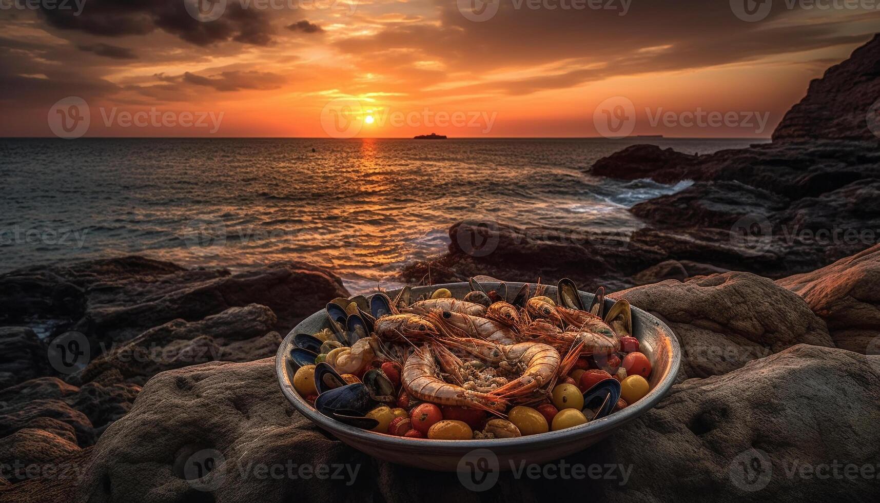 grillé Fruit de mer plaque, le coucher du soleil paysage marin, été chaleur généré par ai photo