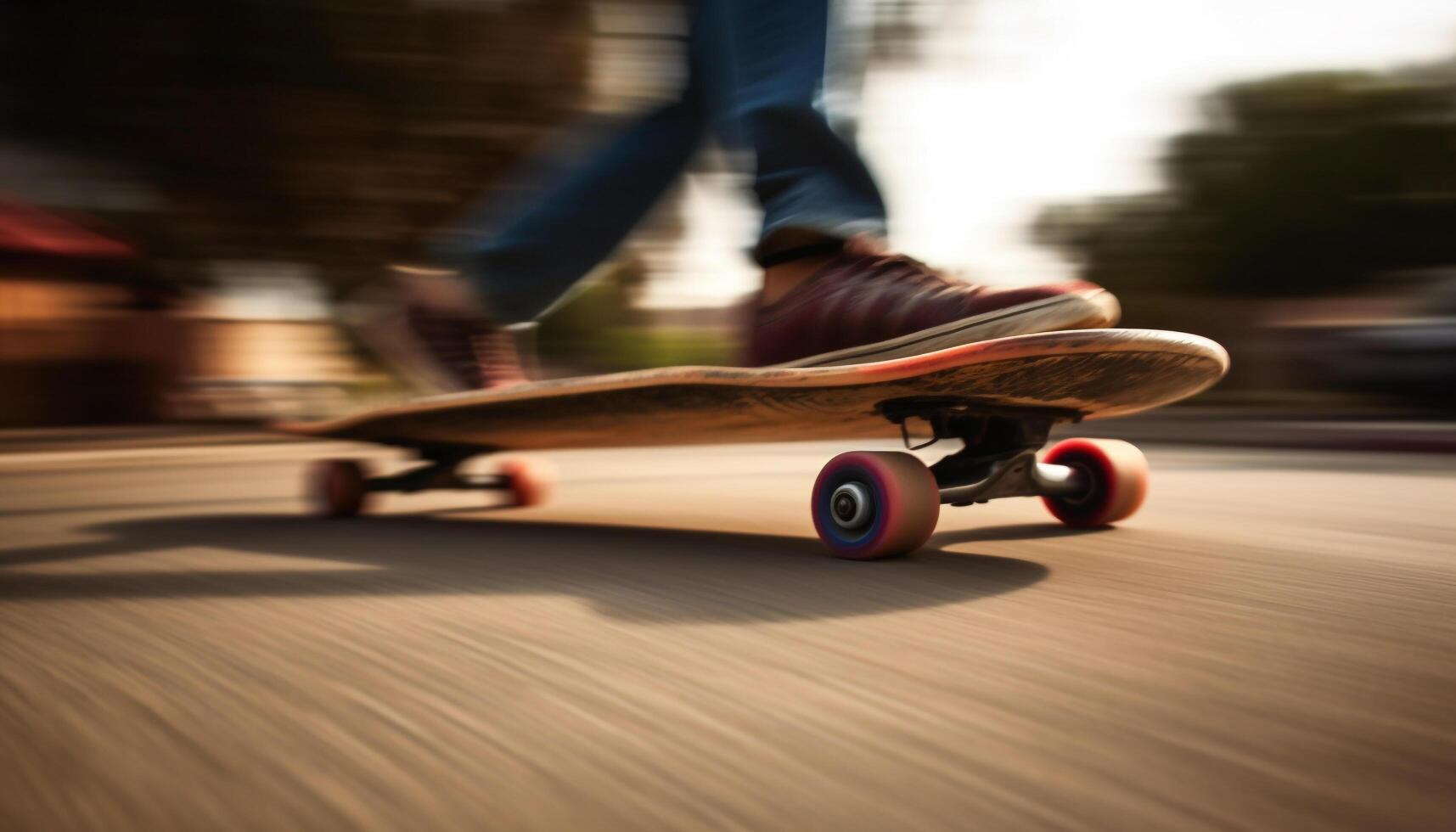 flou mouvement de skateur ollie dans ville généré par ai photo