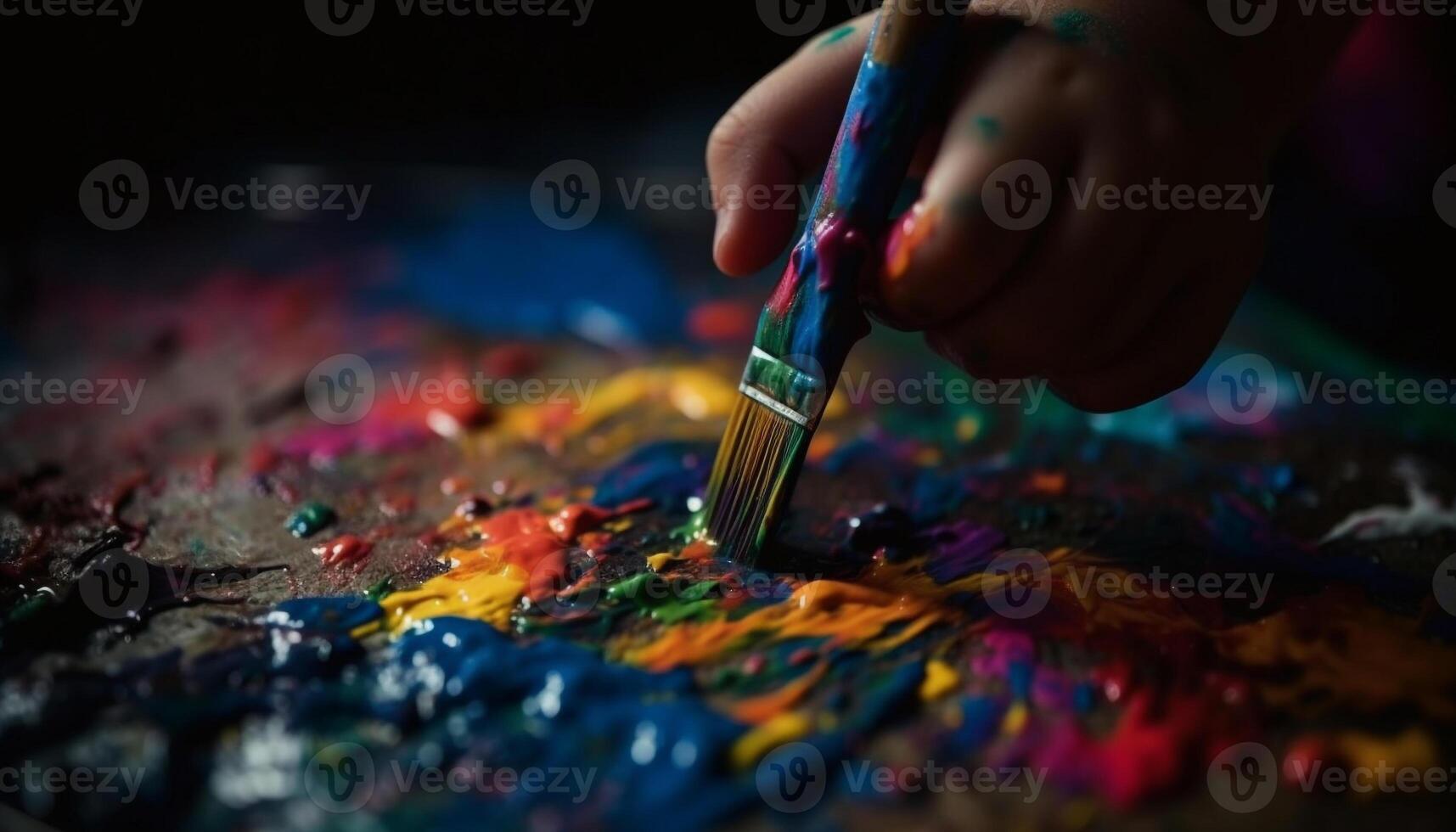 enfant artiste travail sur vibrant La peinture généré par ai photo