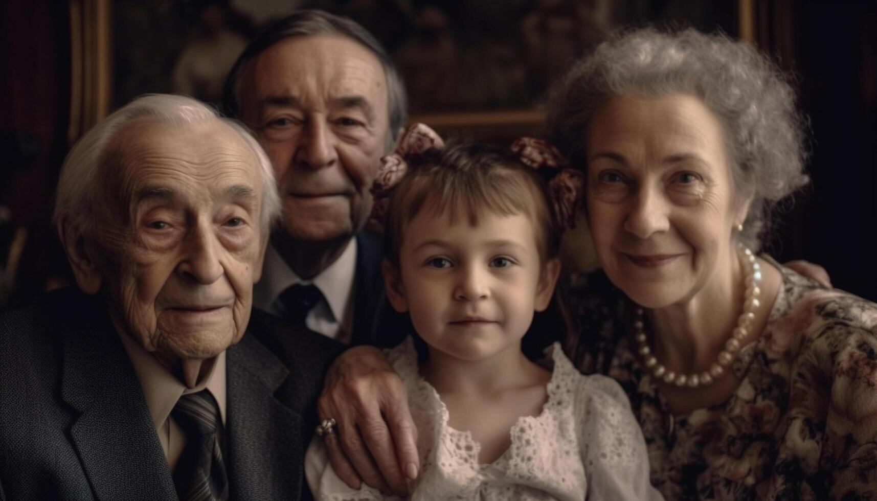 multi génération famille souriant, à la recherche à caméra Heureusement généré par ai photo