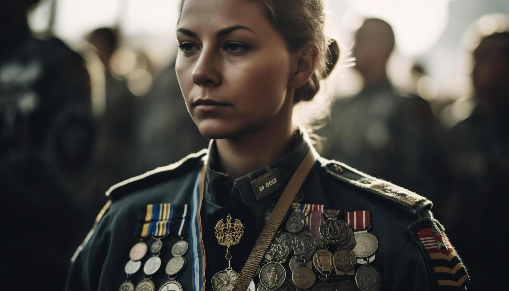 Jeune femme dans armée uniforme à la recherche sur de soi généré par ai photo