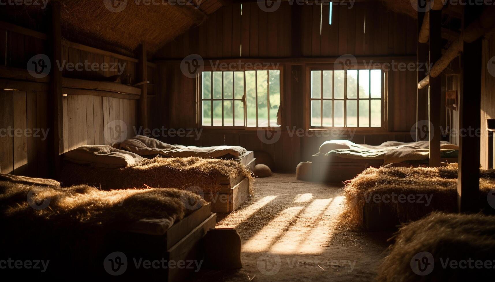 confortable lit avec luxe literie et rustique bois généré par ai photo