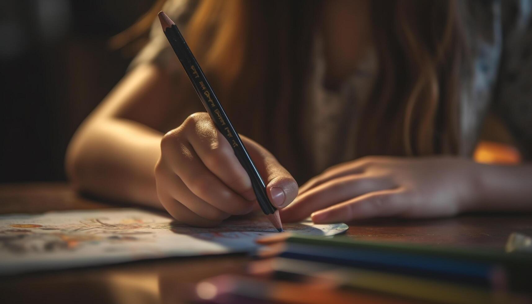 Jeune artiste des peintures coloré chef-d'oeuvre avec concentration génératif ai photo