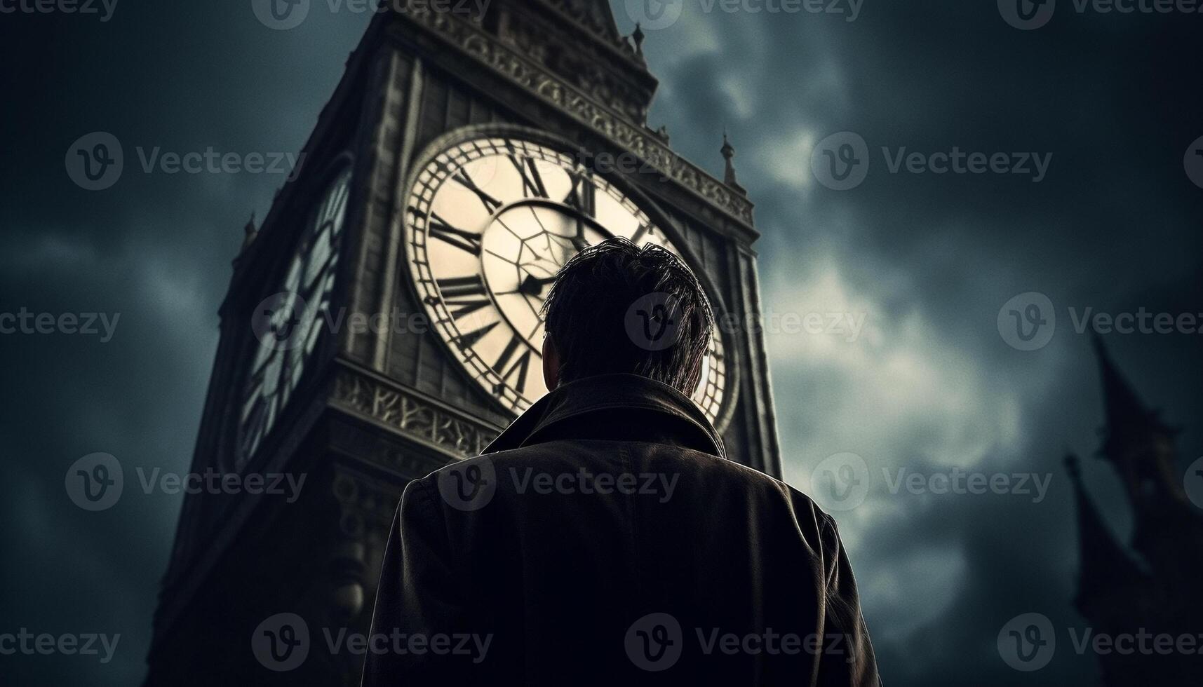 l'horloge la tour des stands grand dans foncé paysage urbain génératif ai photo