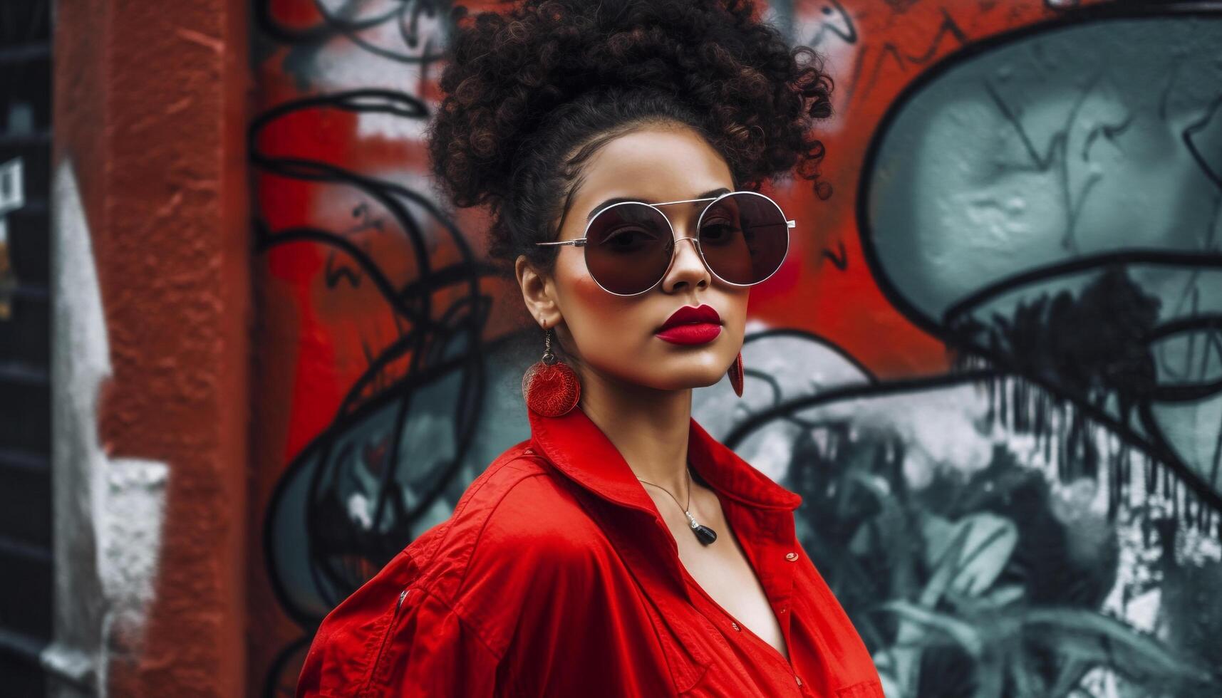 Jeune femme dans des lunettes de soleil dégage élégance et sensualité en plein air généré par ai photo