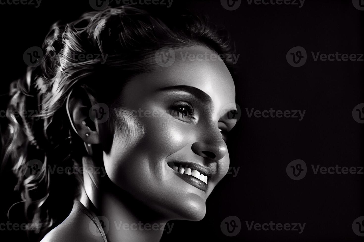 souriant Jeune femme dans noir et blanc portrait ,génératif ai photo