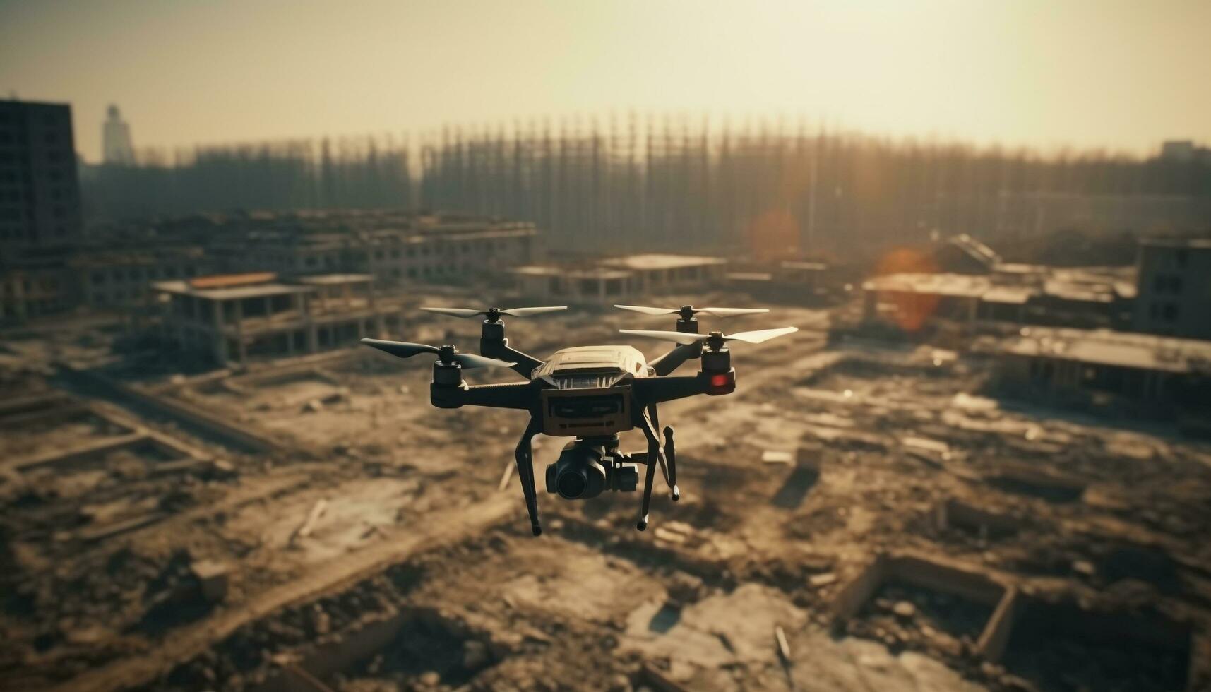 planant drone capture paysage urbain à le coucher du soleil en plein air généré par ai photo