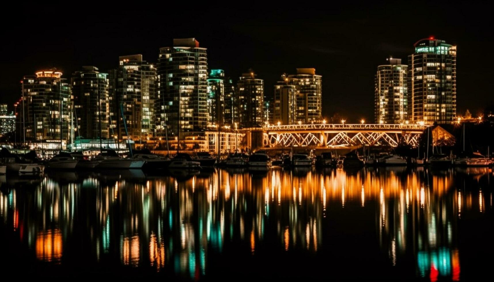 brillant ville lumières réfléchir sur front de mer horizon généré par ai photo