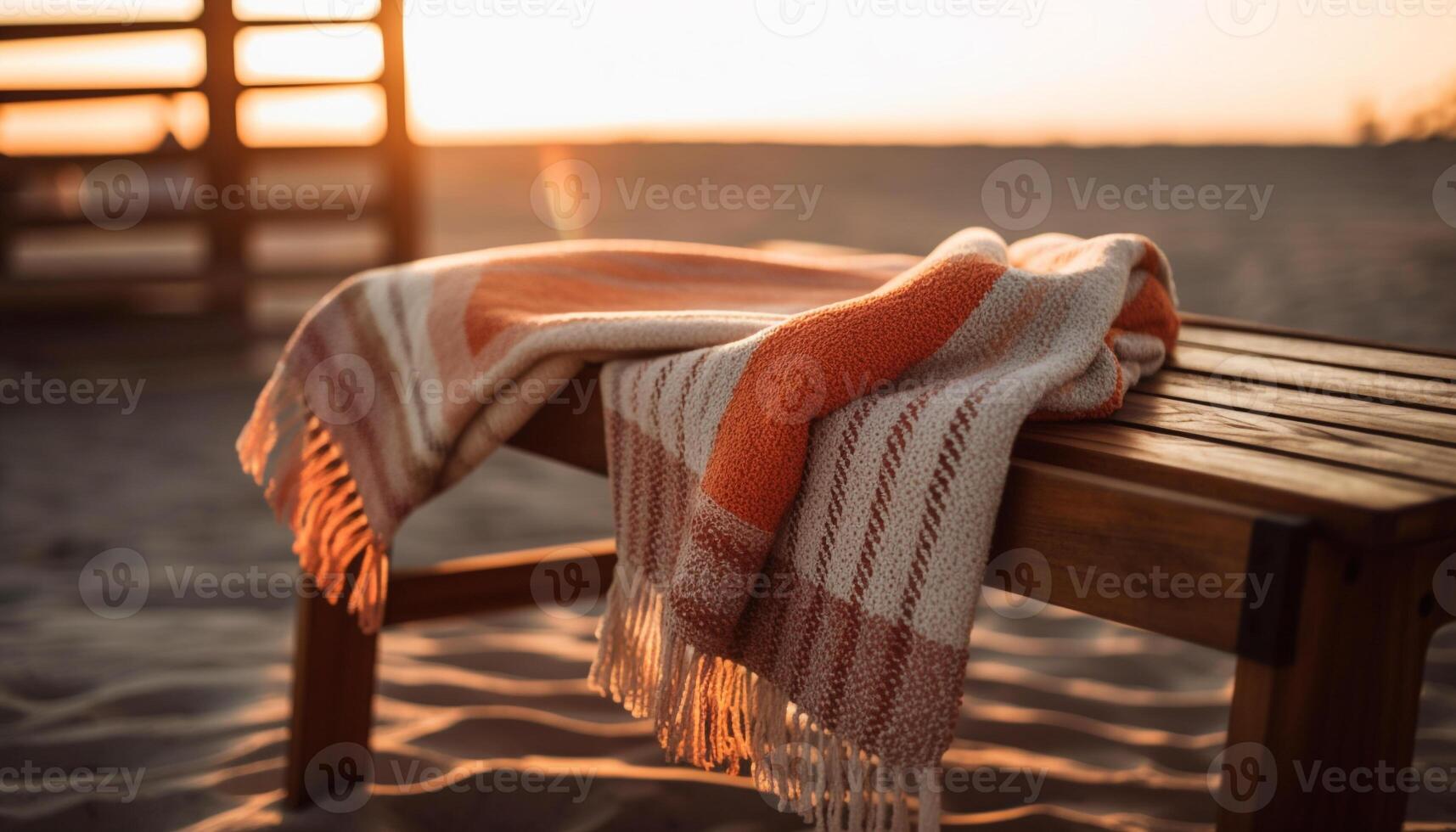 confortable la laine couverture sur le sable à le coucher du soleil généré par ai photo