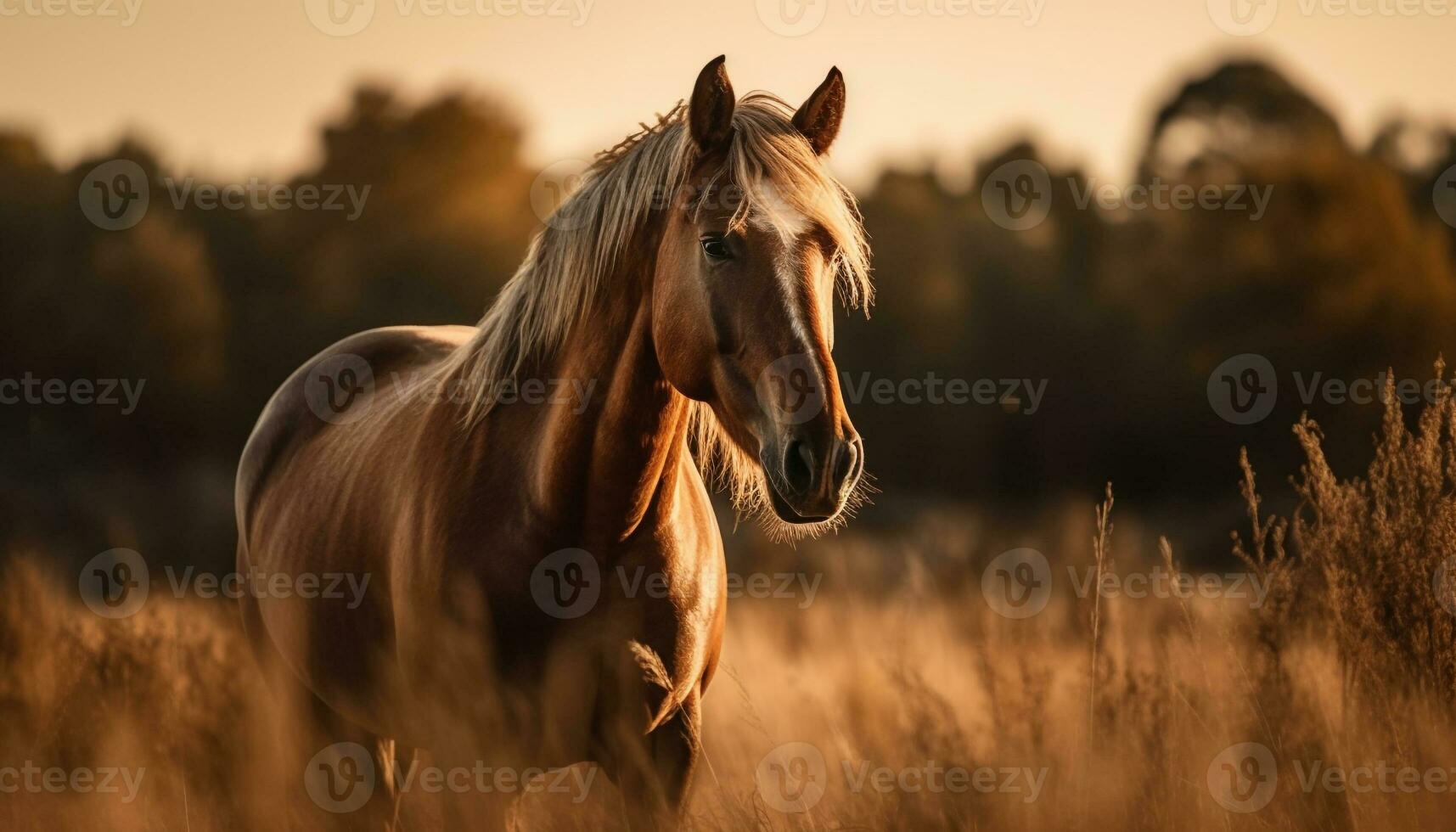 de race cheval broute dans tranquille Prairie à le coucher du soleil généré par ai photo
