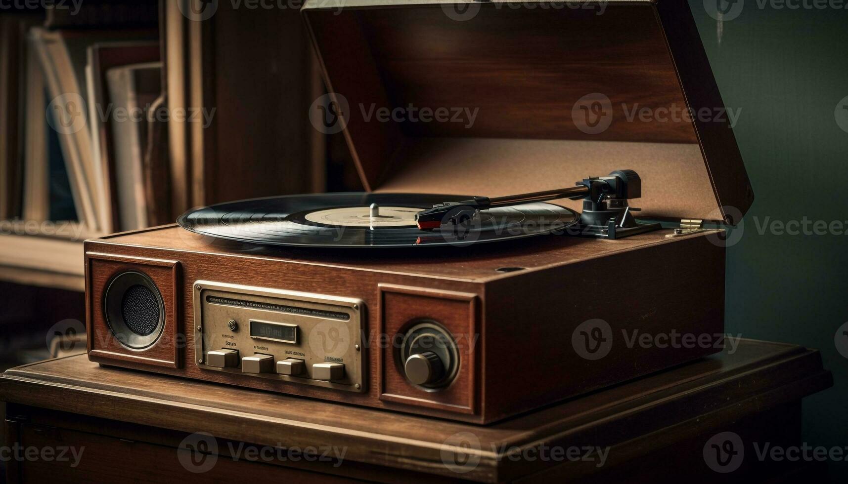 nostalgique gramophone en jouant dans vieux façonné boîte de nuit généré par ai photo