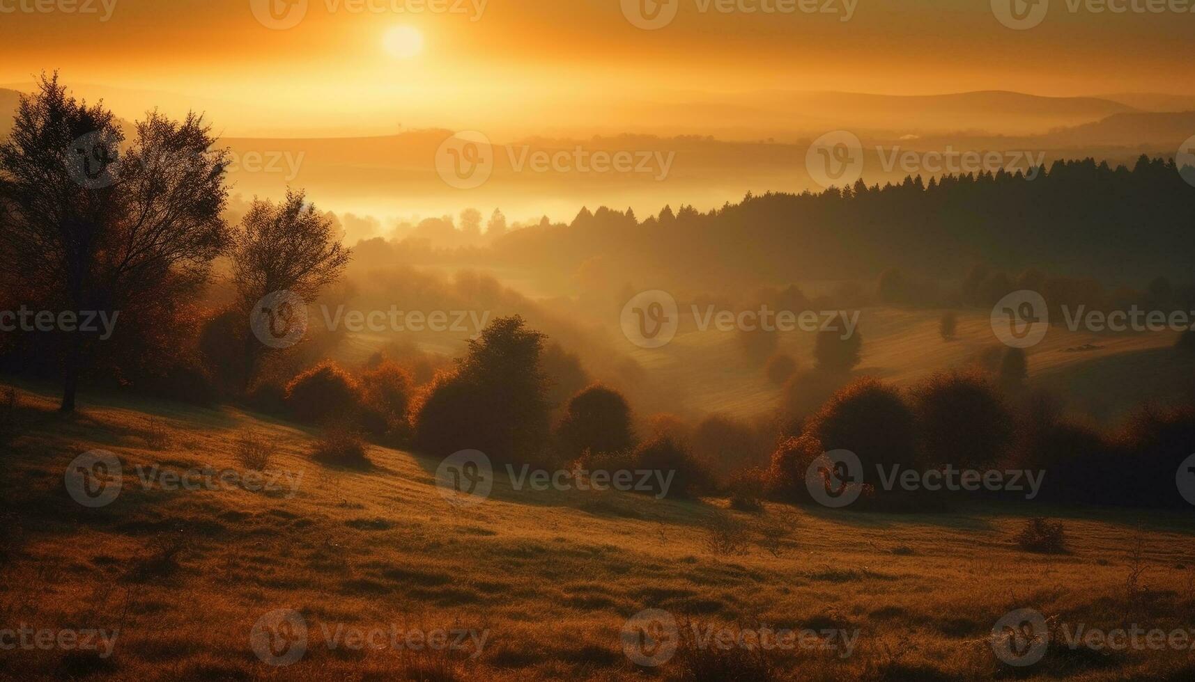 tranquille lever du soleil plus de brumeux l'automne forêt paysage généré par ai photo