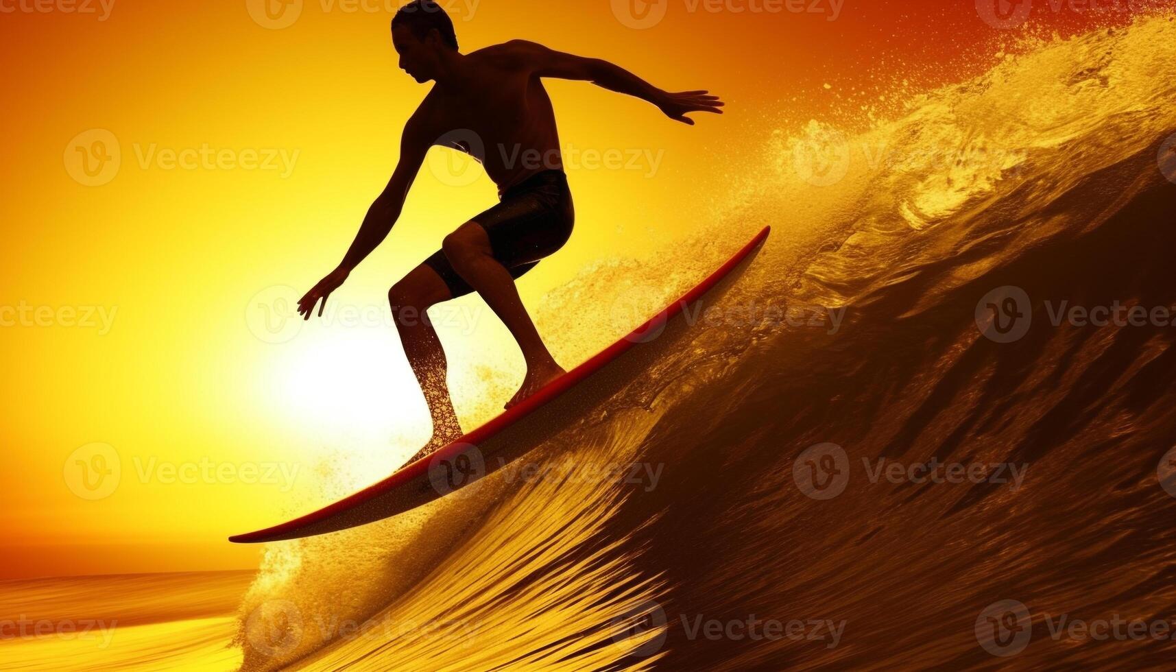 silhouette de athlète surfant vague à coucher de soleil, extrême sport aventure généré par ai photo