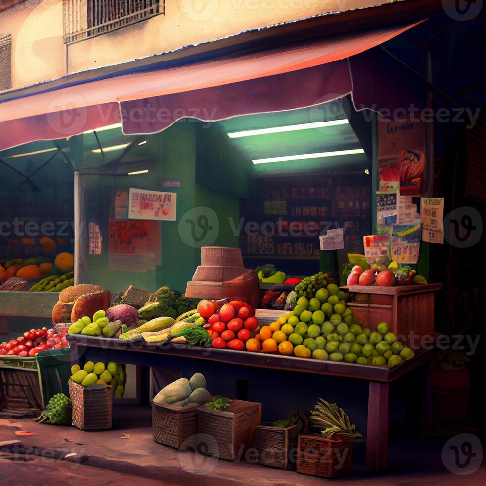 des fruits et des légumes boutique avec parasol dans le rue ,génératif ai photo