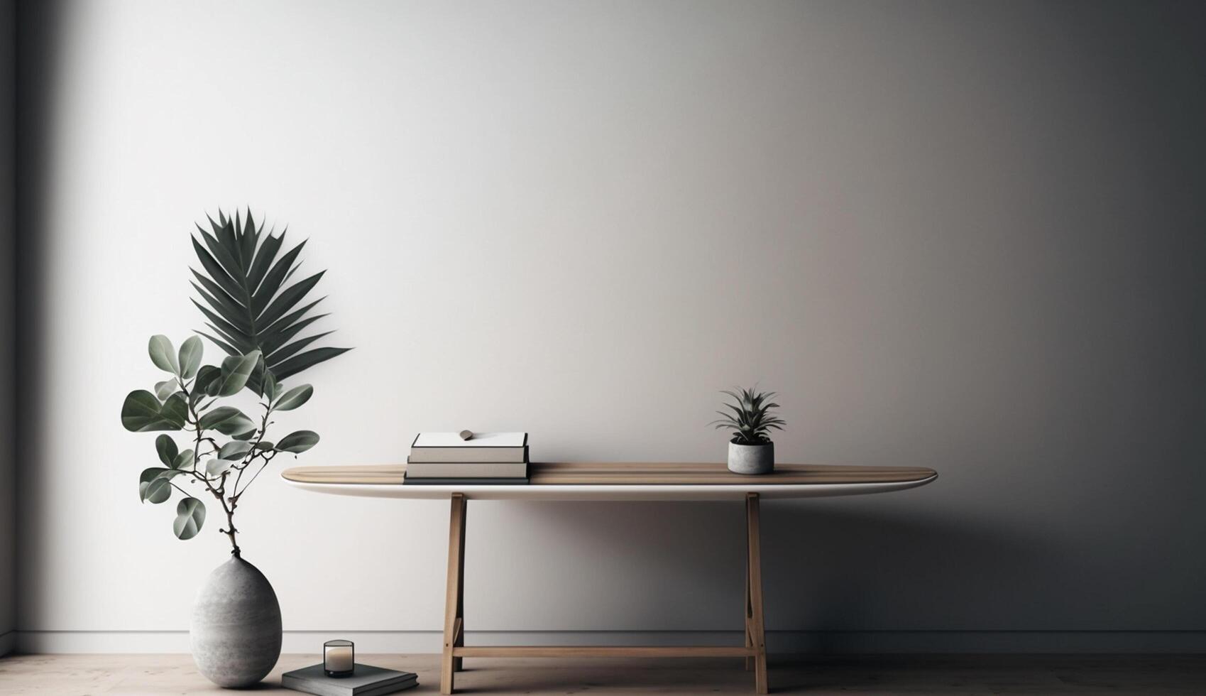 intérieur moderne conception avec en bois chaise et vase généré par ai photo