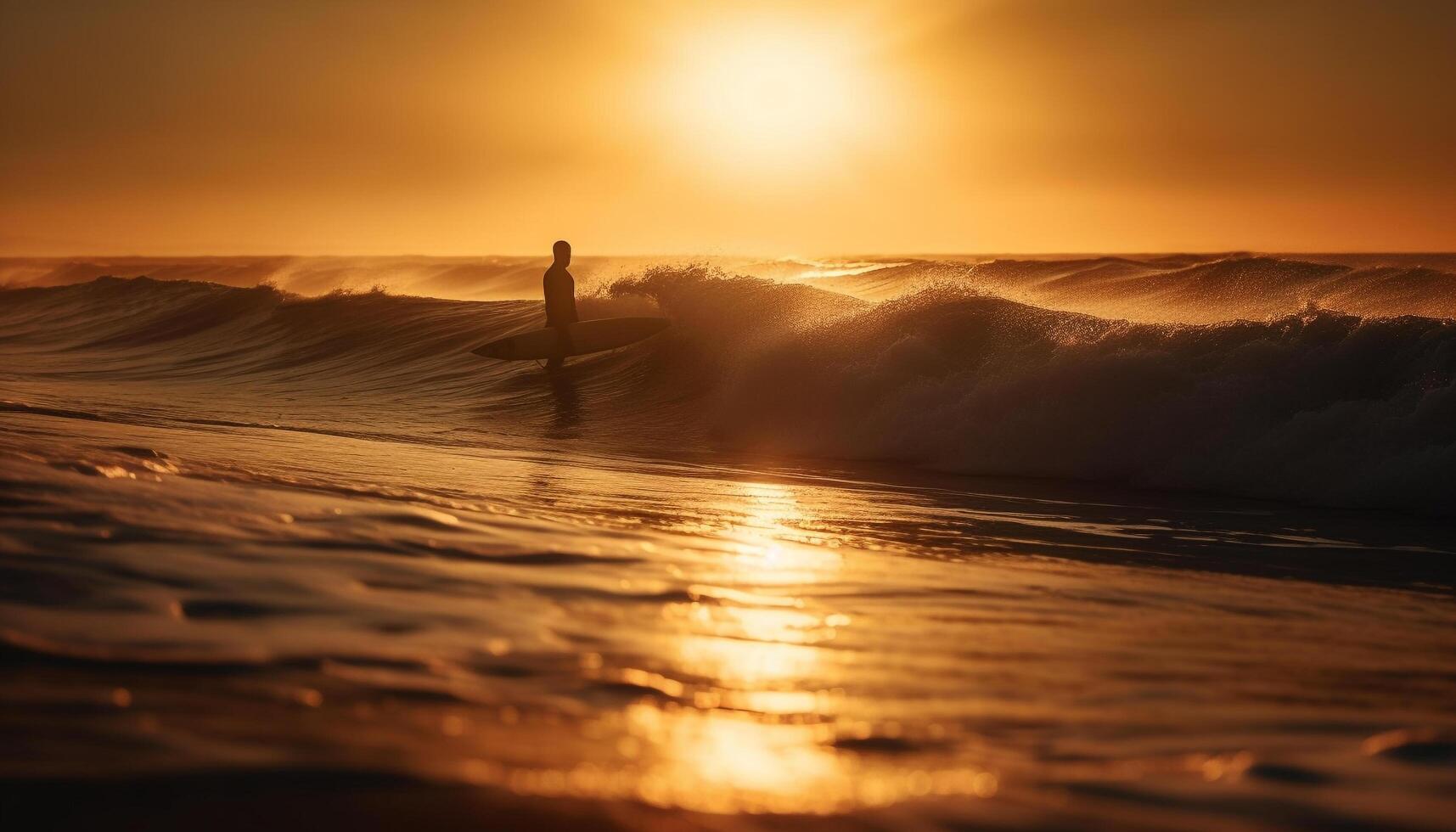 silhouette de un la personne surfant à le coucher du soleil généré par ai photo