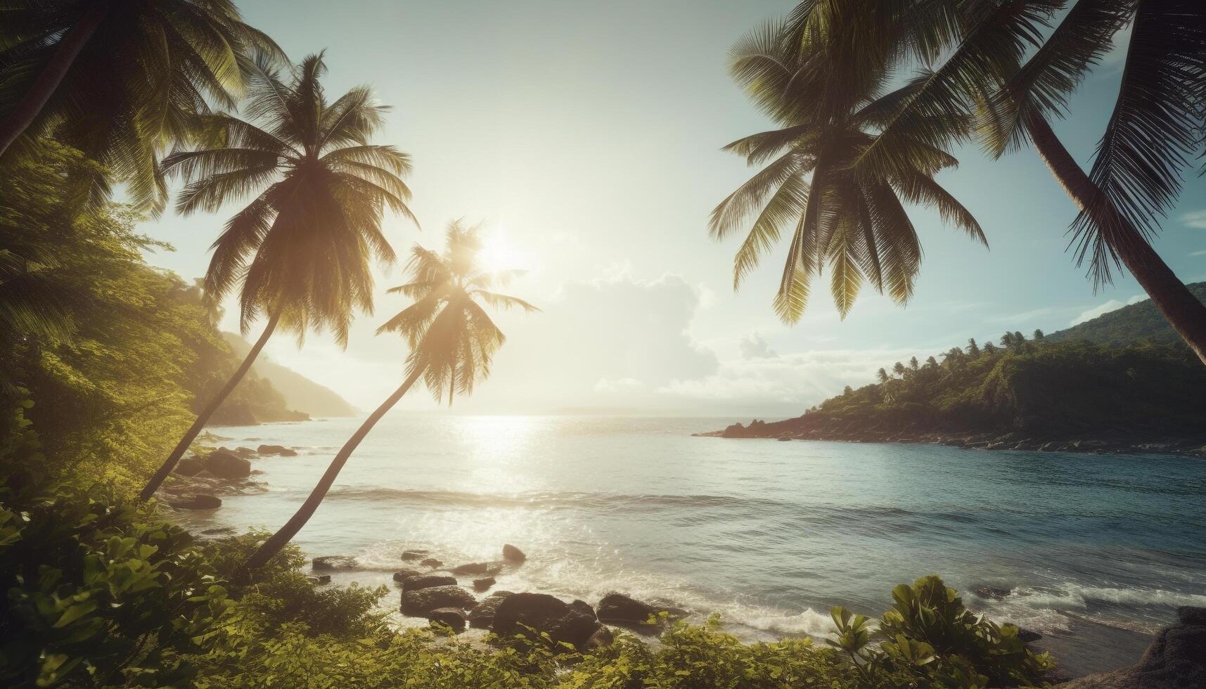 tropical coucher de soleil, paume des arbres, vagues, idyllique beauté généré par ai photo