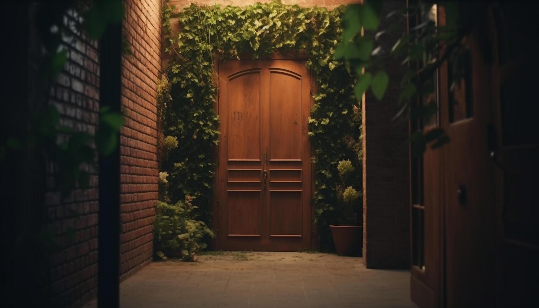 rustique entrée avec vieux façonné porte, entouré par la nature élégance généré par ai photo