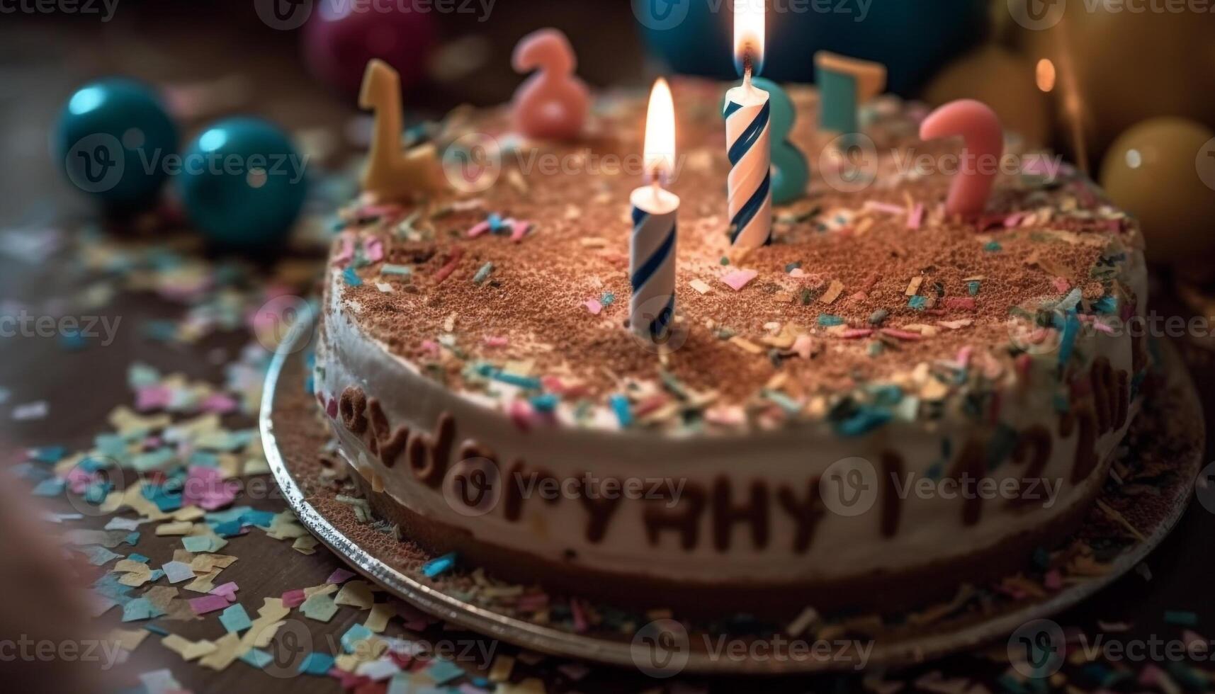 anniversaire fête avec gourmet Chocolat gâteau, bougies, et confettis amusement généré par ai photo